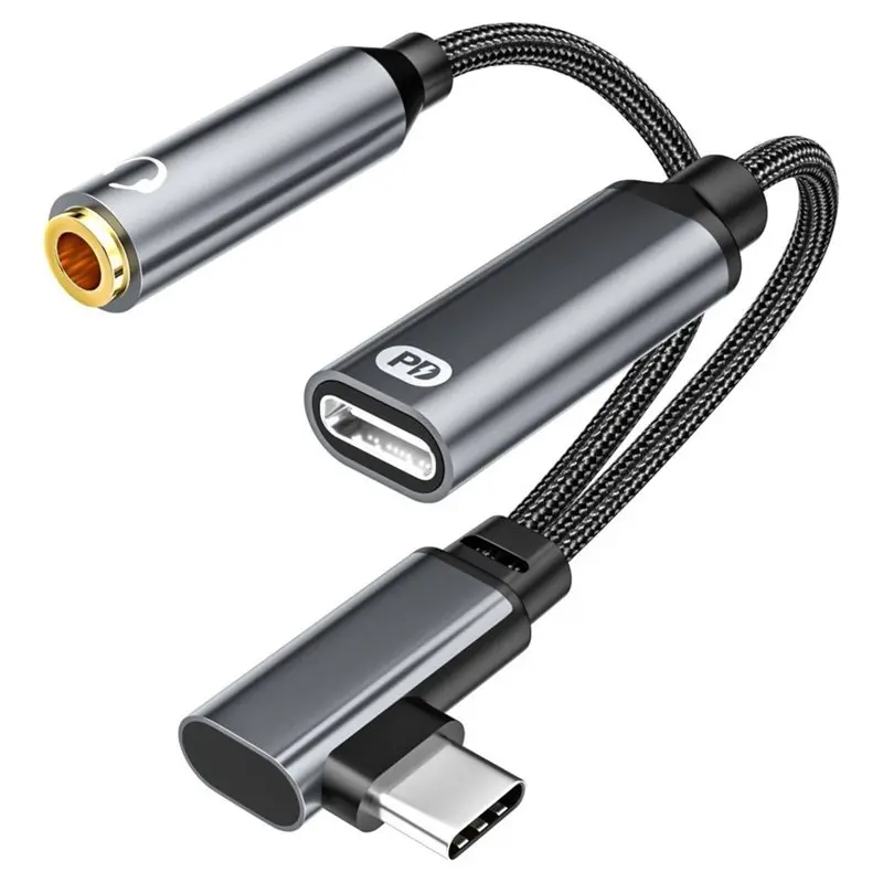 [NEW A09R!】 Audio Cable 16 Bit 48 Khz 2 In 1 90 Degree USB Type C To 3.5MM Jack Adapter PD 60W Charging OTG Data Microph