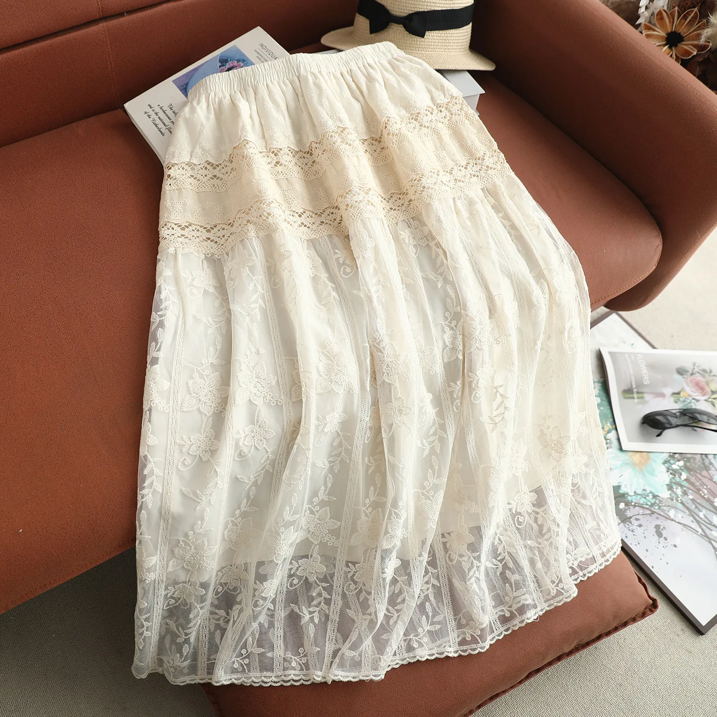 

Винтажная юбка миди в стиле Mori Girl с кружевом и оборками, весенняя милая длинная юбка А-силуэта для женщин