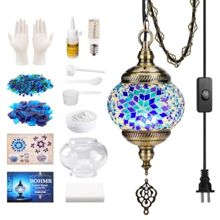 

DIY Turkish Mosaic Lamp Kit, 5.2"D Plug-in Stained Glass Pendant Hanging Lamp Making Kit with 15Feet Cord-No Skills Needed, Mos