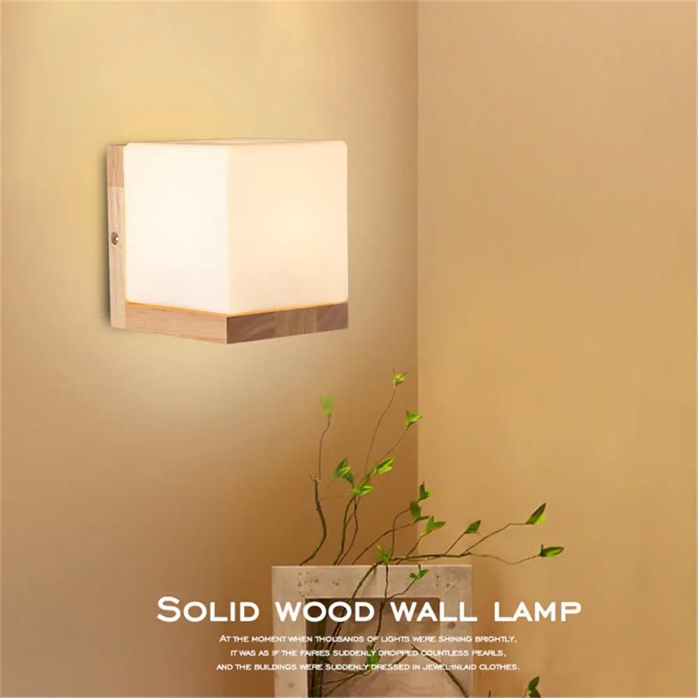 

Decorative Modern Wall Lamp Wood frame Glass Shade Bedside Bedroom Loft Led Wall Lights Mirror Night Light E27 Nordic Sconce