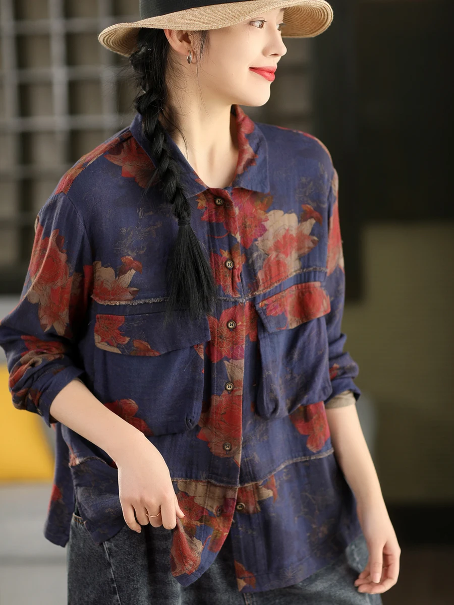 

Retro Floral Print Long Sve Cotton irt Women's Spring Sle Loose Fit Breathable Comfortable Printed Casual Top