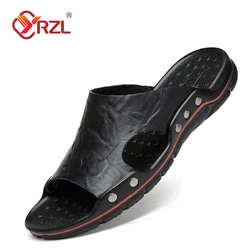 YRZL Sandals Mens PU Leather Classic Summer Men Slippers Soft Black Slippers PU Leather Slippers Lightweight EVA Slides for Men