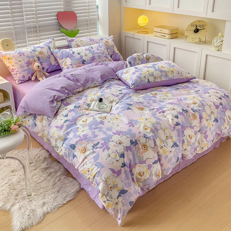 Botanical Floral Duvet Cover Set Queen Purple White Watercolor Flowers Comforter Cover 3Pcs Soft Cotton Garden Style Bedding Set