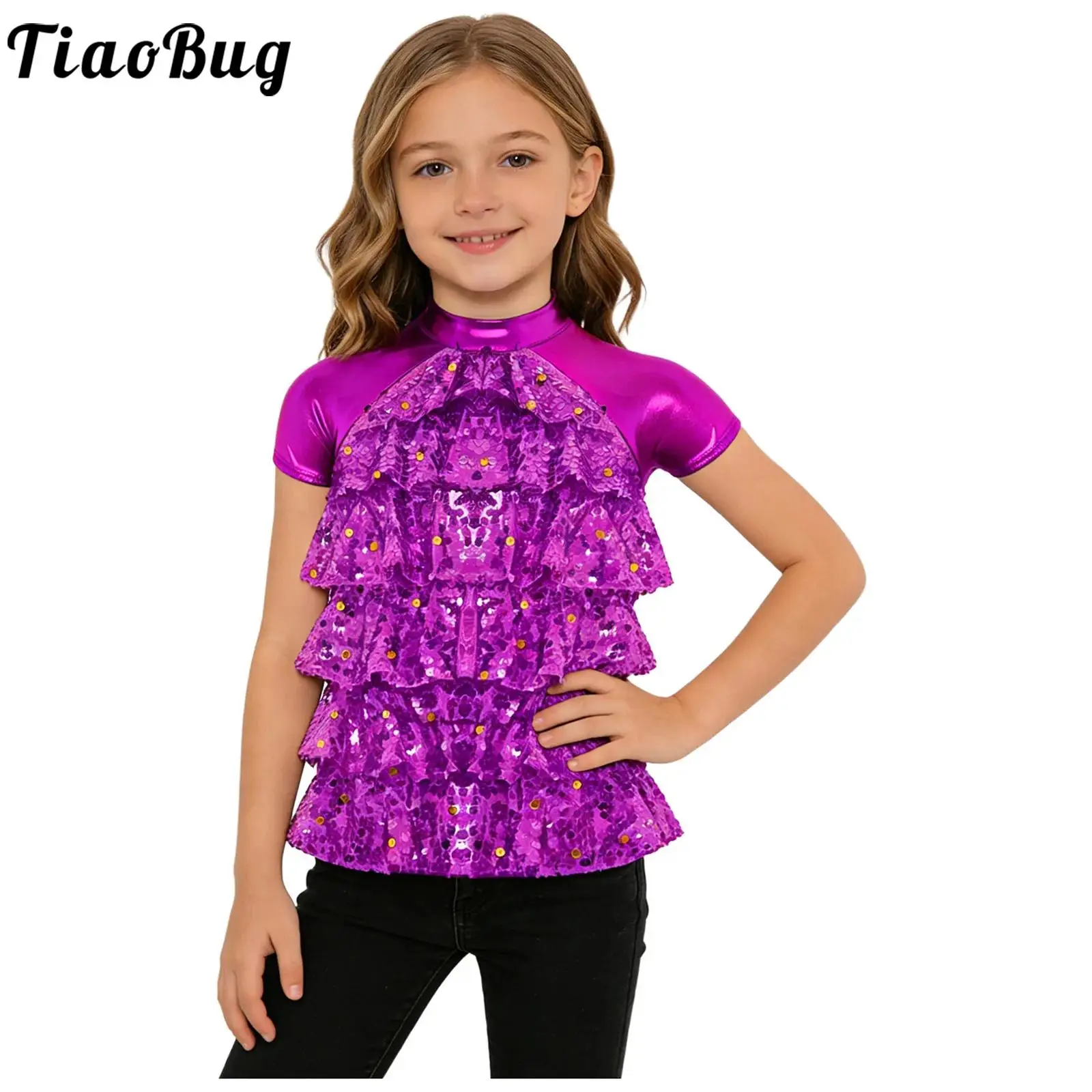 

Kids Girls Metallic Sequined Jazz Modern Lyrical Dance Top Short Sleeve Sequins Tiered Back Cut Shirts Party Show Dance Costume