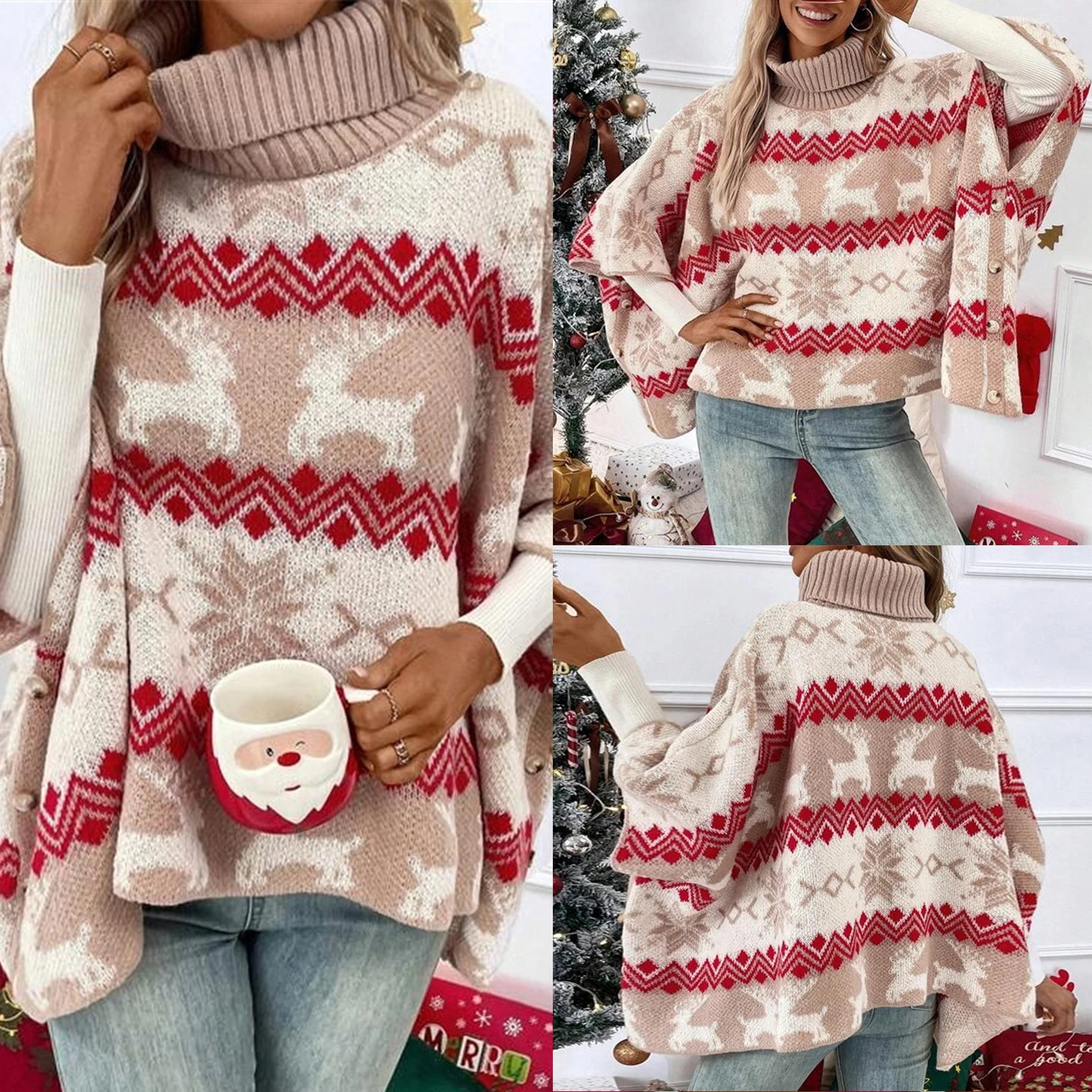 Damesmode Kersttruien Klassieke Elanden Sneeuwvlok Print Batwing Mouw Coltrui Herfst Winter Gebreide Tops