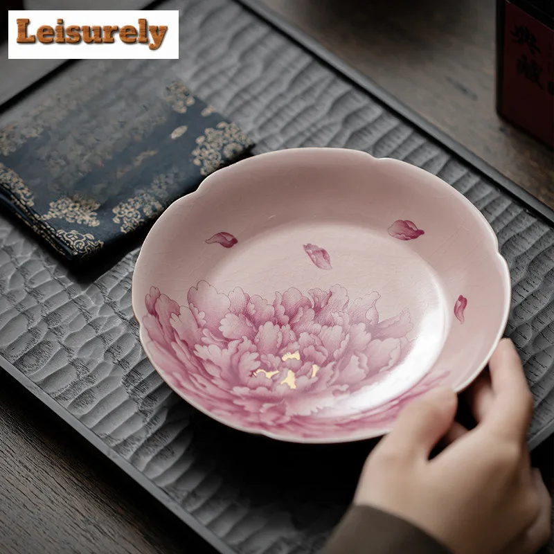 

Pink Peony Flower Ru Kiln Porcelain Pot Bearing Holder Handmade Dry Brew Table Tea Tray Kung Fu Tea Chinese Tea Set Decoration