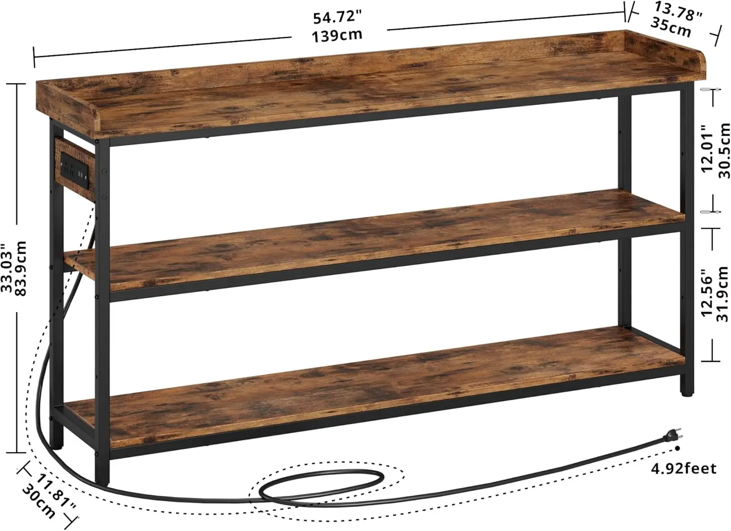 Consoletafel, banktafel met stopcontact, boerderij-haltafel voor inkomhal, woonkamer, in hoogte verstelbaar, eenvoudige montage