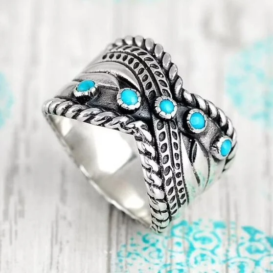 

Vintage Bohemian Turquoise Embedded Ring Simple Rustic Finger Ring Cross-Border Jewelry Fashionable Unisex Accessory