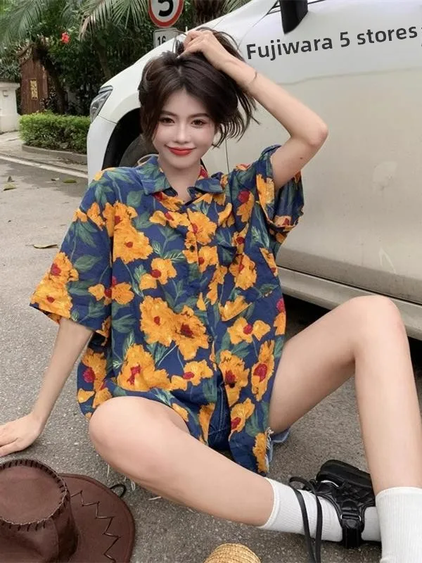 홍콩 슬레 플로럴 프린트 또는 슬루 루즈 캐주얼 여성용 여름 2025 신상 트렌디 다용도 폴리에스터 섬유