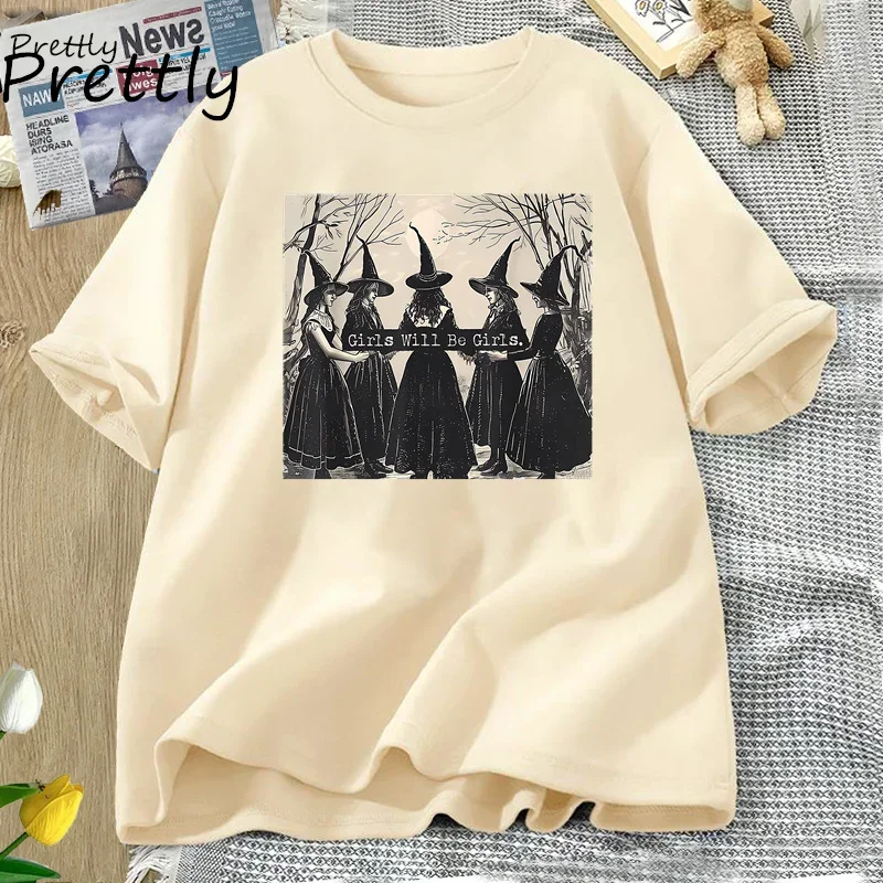 Girls Will Be Girls Witch T-Shirt Women Funny Witch Halloween T Shirt Witchy Vibes Fall Retro Graphic T Shirts Cotton Clothing