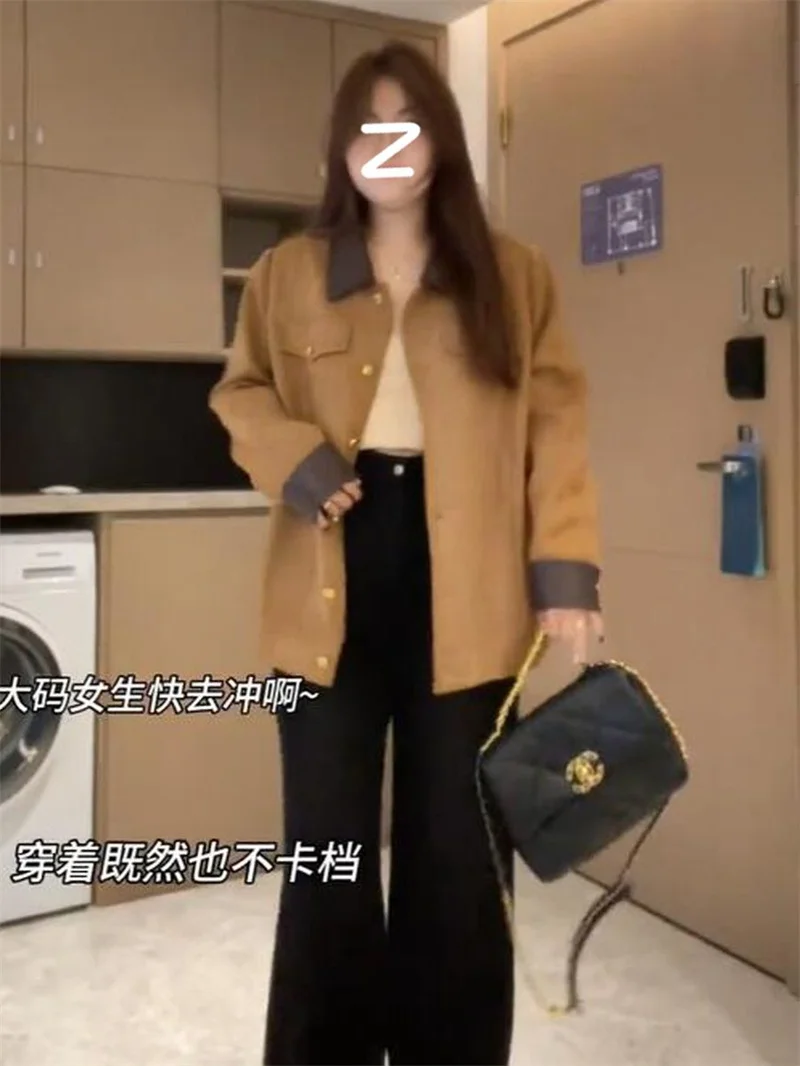 

Large retro patchwork contrasting color lapel imitation deer skin velvet jacket for women in autumn and winter, fat mm loose and