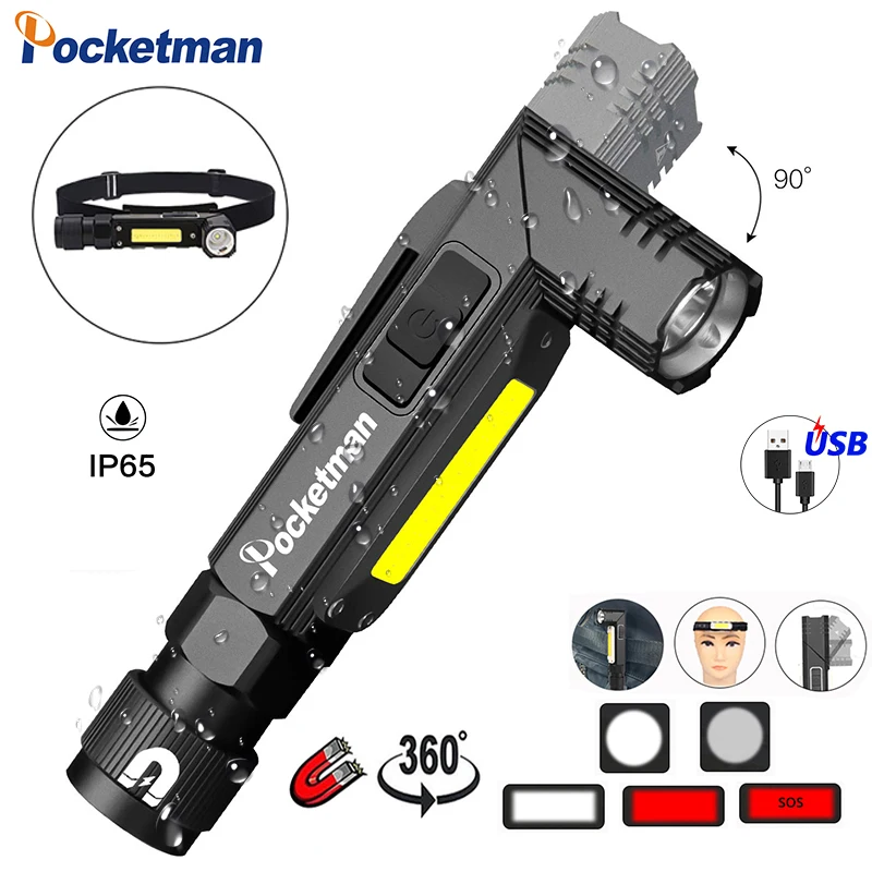 

Super Bright LED Flashlight USB Rechargeable Torch Handfree Dual Fuel 90 Degree Twist Rotary Clip Tactical Flashlight Waterproof