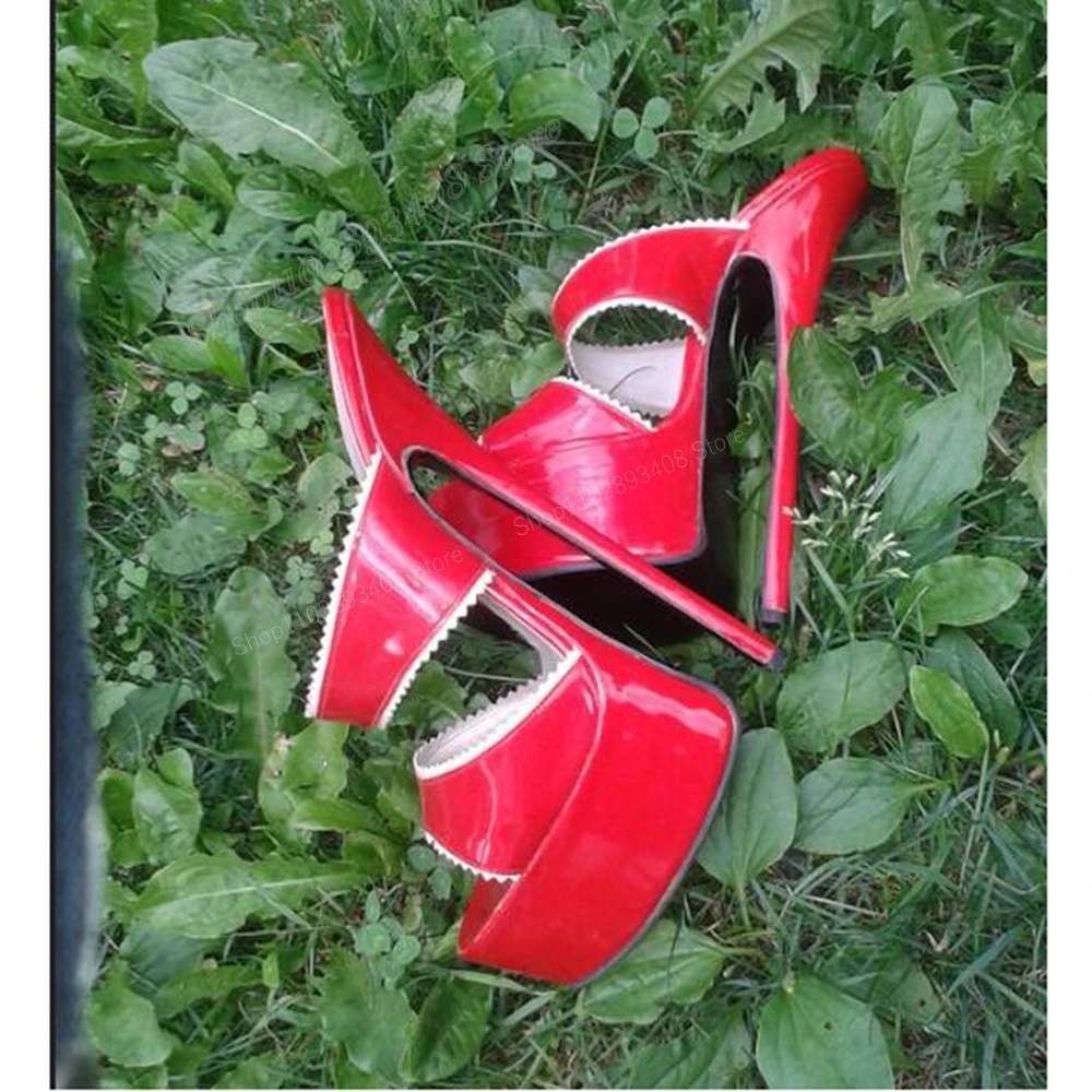 Red Patent Leather Peep Toe Slippers Waterproof Stiletto High Heel Slip on Sexy Fashion Women Shoes 2024 New Zapatos Para Mujere