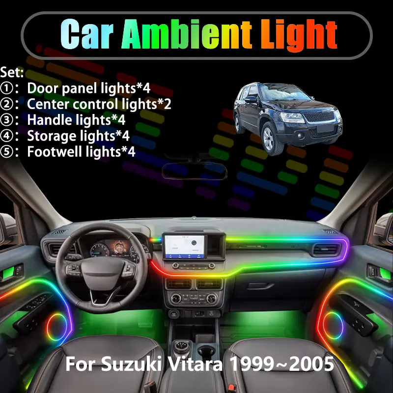 

Для Suzuki Vitara 1999~2005 FT GT MK2 2-го поколения (2/18) — светодиодная подсветка салона и багажника, USB RGB, комплект с эффектом потока света.