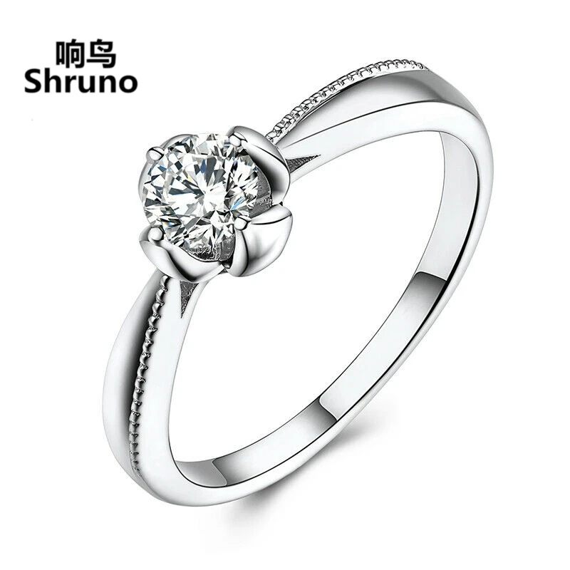 

Shruno Sterling Silver 925 Prong 0.4ct Round 4.5mm Moissanite Diamond Engagement Ring For Women Wedding Band Anniversary Gift
