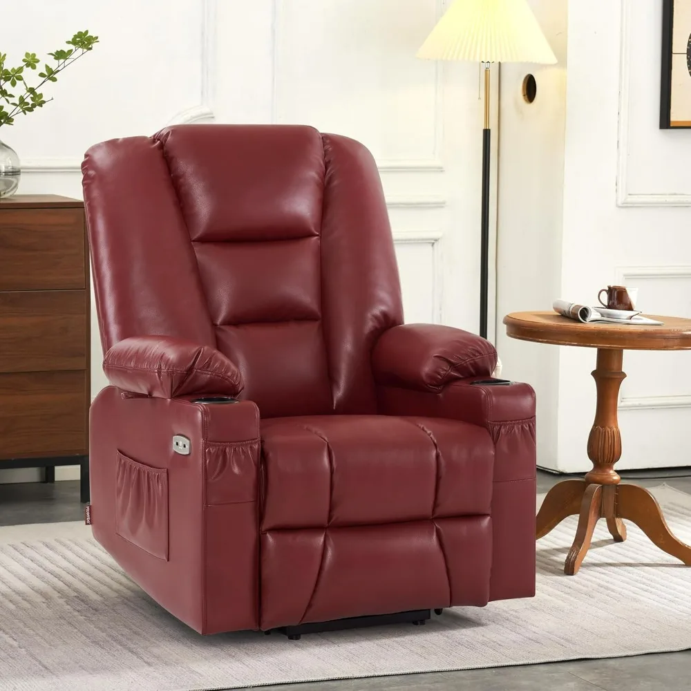 Large Power Lift Recliner Chair Sofa with Massage and Heat for Big and Tall Elderly People, 3 Positions, Cup Holders,(Large,Red)