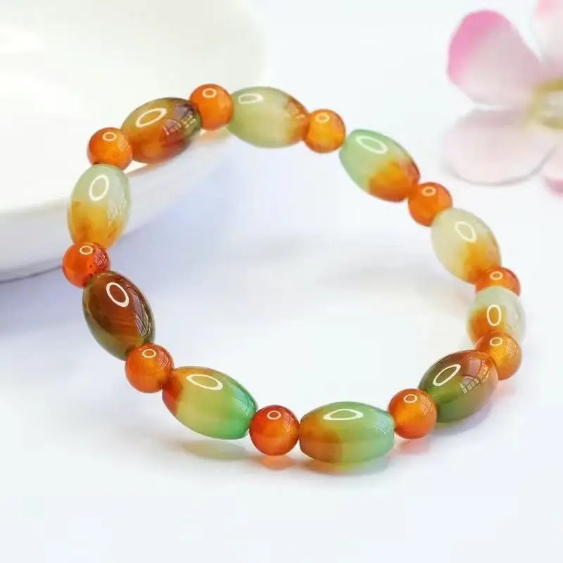 Nanjing Natural Riverstones Peacock Green Jade Barrel Shaped Bead Bracelet Rough Stone Colorful Bracelet Lucky Beads String Gift