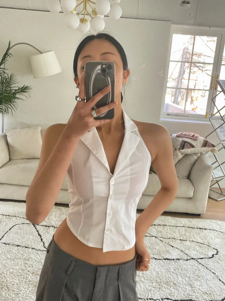 アメリカンスタイルショートシャツセクシーガールベストトップ女性夏新鮮なアウターウェアキャミソールノースリーブスリムフィット綿ポリエステルブレンド