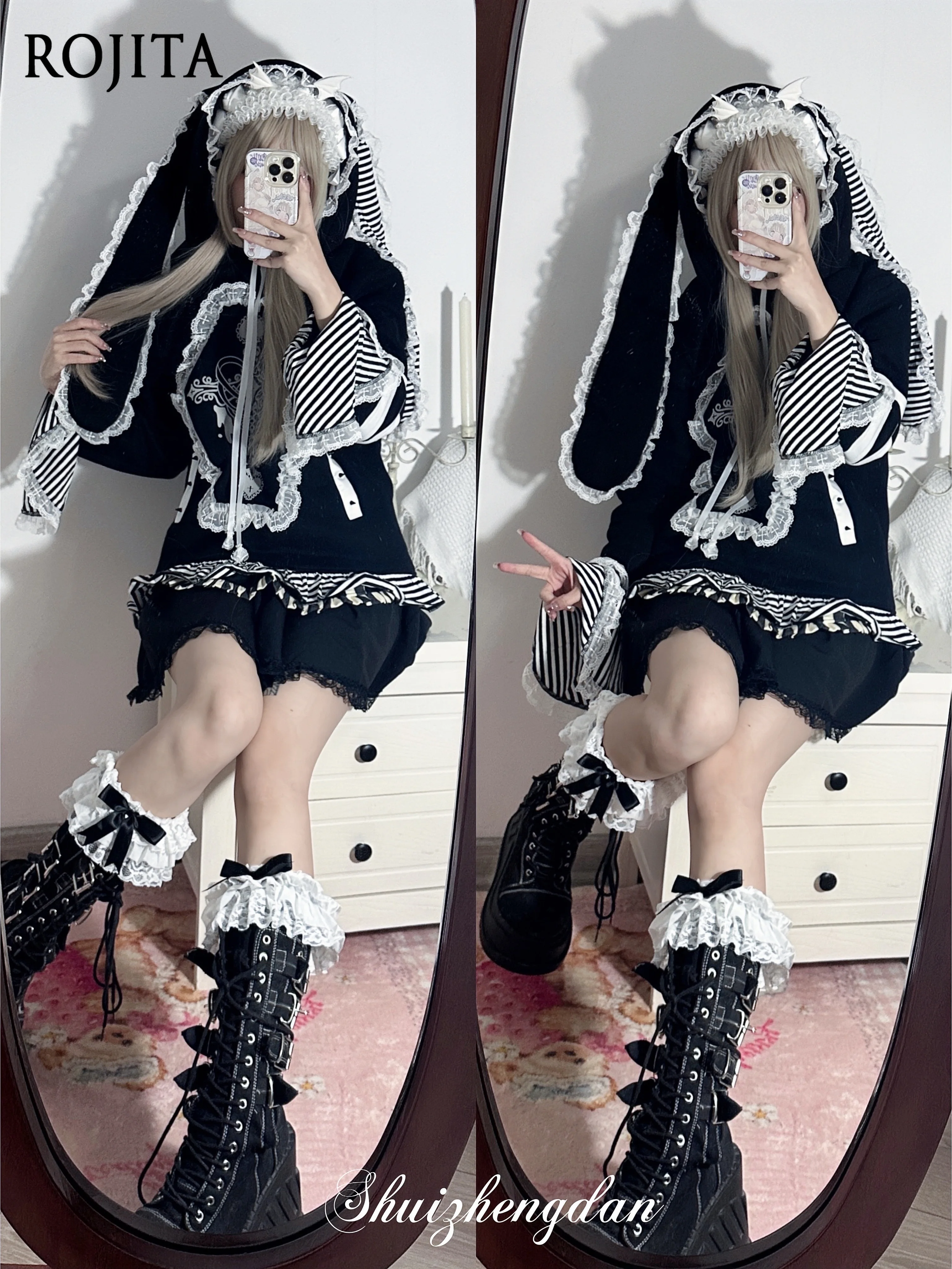 Oversized Hoodie Women Subculture Rabbit Ear Straps Mine Hoodies Hot Girl Cute Lace Striped Splicing Color Horn Sleeve Coats