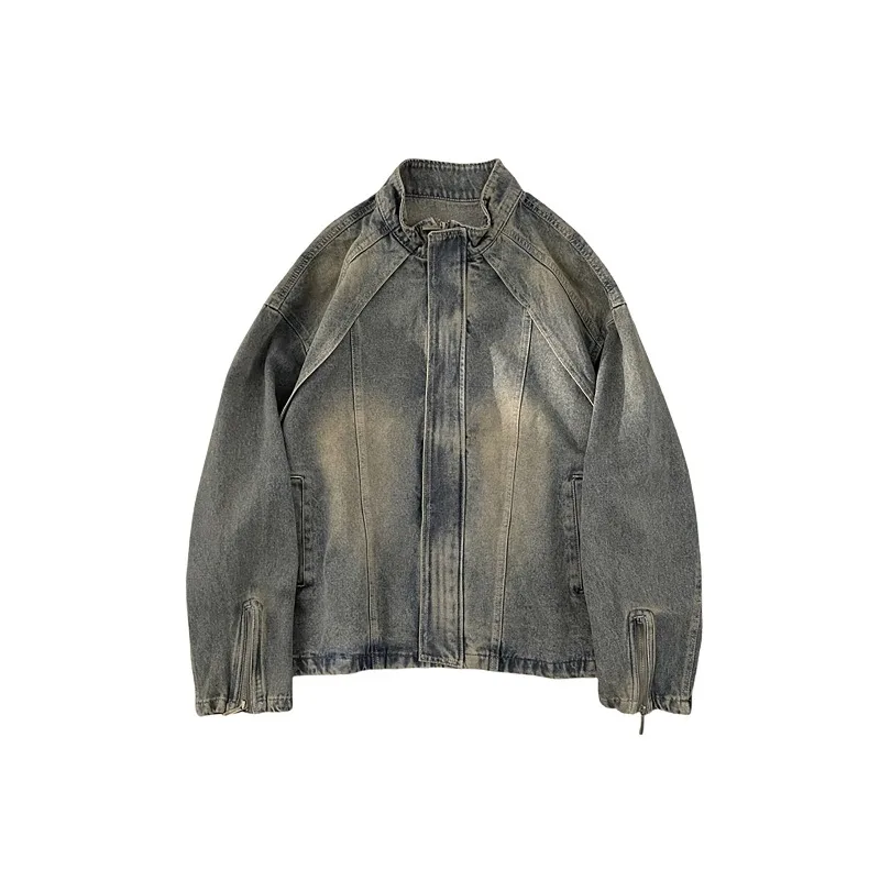 Men Heavyweight Deconstructed Denim Jacket Vintage Stand Collar Zipper Coat Trendy Streetwear High-End Casual Outerwear