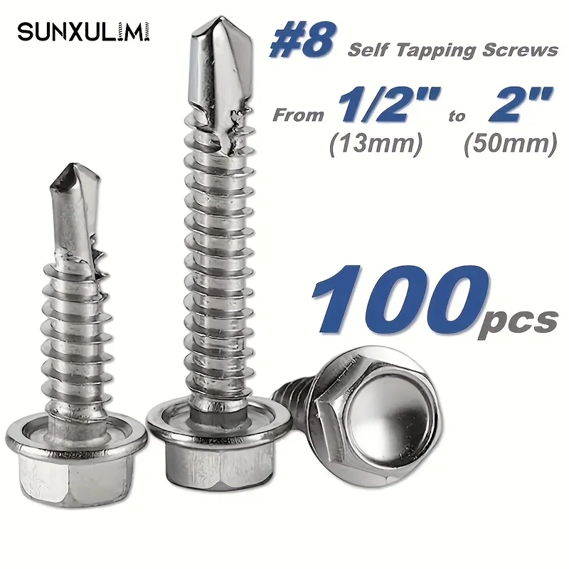 100pcs #8 Self-Tapping TEK Screws, 410 Stainless Steel Hex Washer Head, Assorted Sizes for Metal & Furniture - Polished Finish