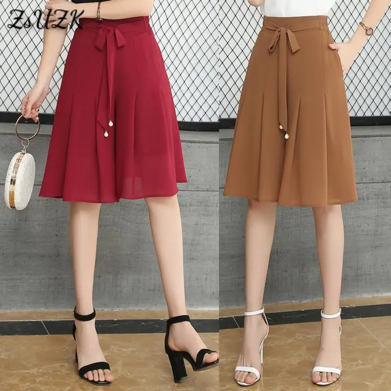 Summer Women Loose Chiffon Shorts New Korean Elastic High Waist Wide Leg Trousers Thin Skirt Shorts Streewear 4Colors