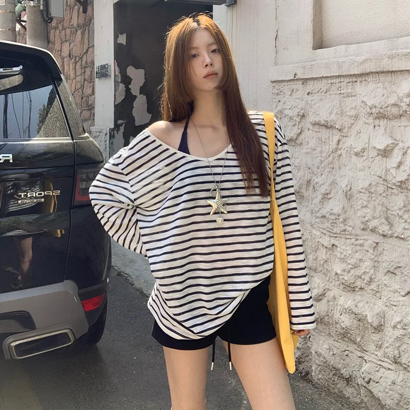 sexy kpop black white striped long sleeve loose smock top bikinis sets three pieces swimsuits bathing suits tankini biquini