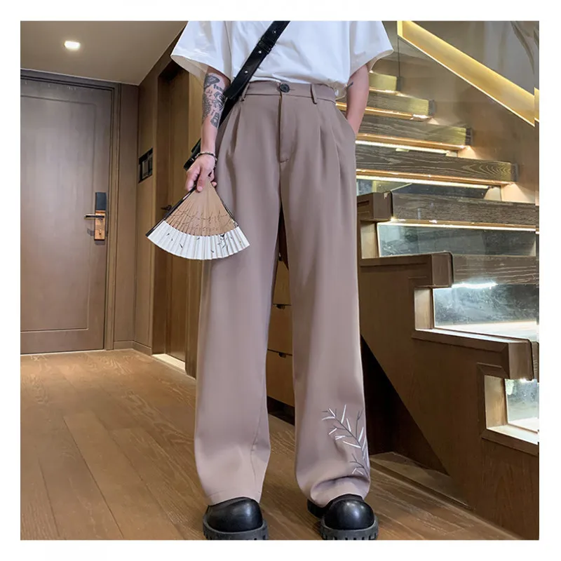 2024 Summer Men\'s Long Straight Trousers Wide Leg Embroidery Drape Casual Suit Pant Fashion Oversize Pants for Man Black White