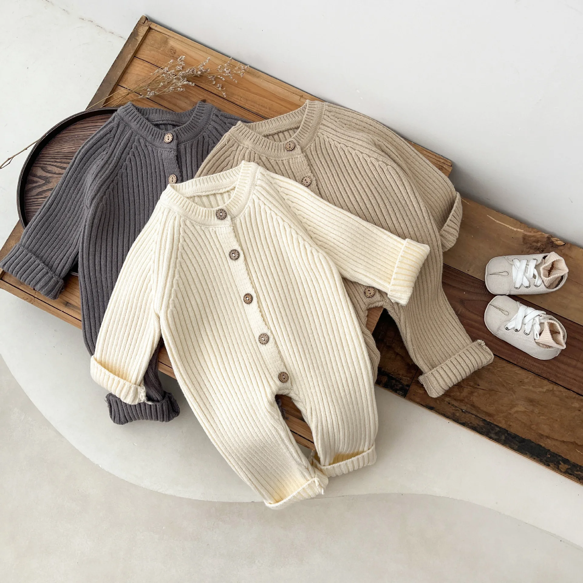 

Newborn Baby Bodysuits Versatile Autumn Winter Solid Color Knitted Thick Climbing Clothes Infants and Children Baby Jumpsuit