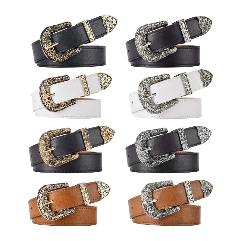 

Waist Belt Engraved Buckle Grunge Carved Buckle with Floral Vintage Buckle Girl Waist Chain PU Sexy Oversized Buckle