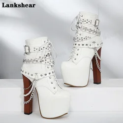 High Heel Sexy Chain Platform Boots Gothic Black Boots Women Punk Style Ankle Boots Buckle Party Shoes Models Catwalk Pumps