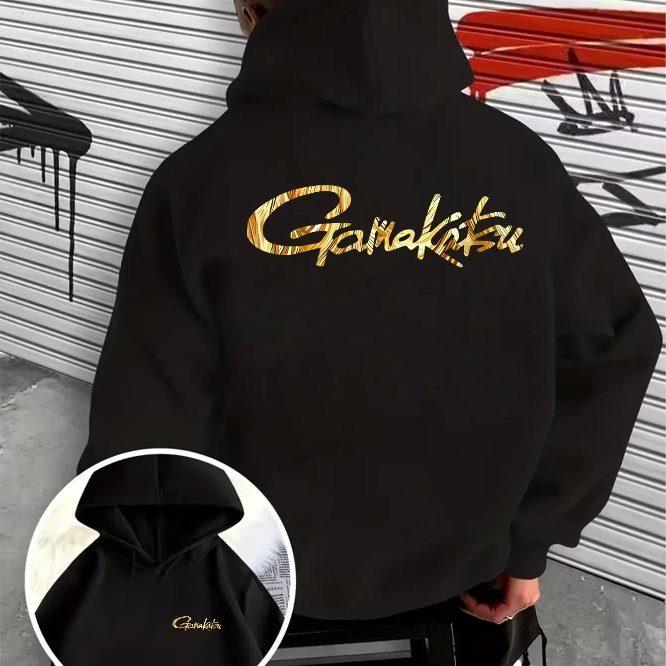 Men's Hip Hop Hoodie Garakatsu Gold Texture Script Font Graphic Front Back Print Oversized Pocket Pullover Sweatshirt Streetwear