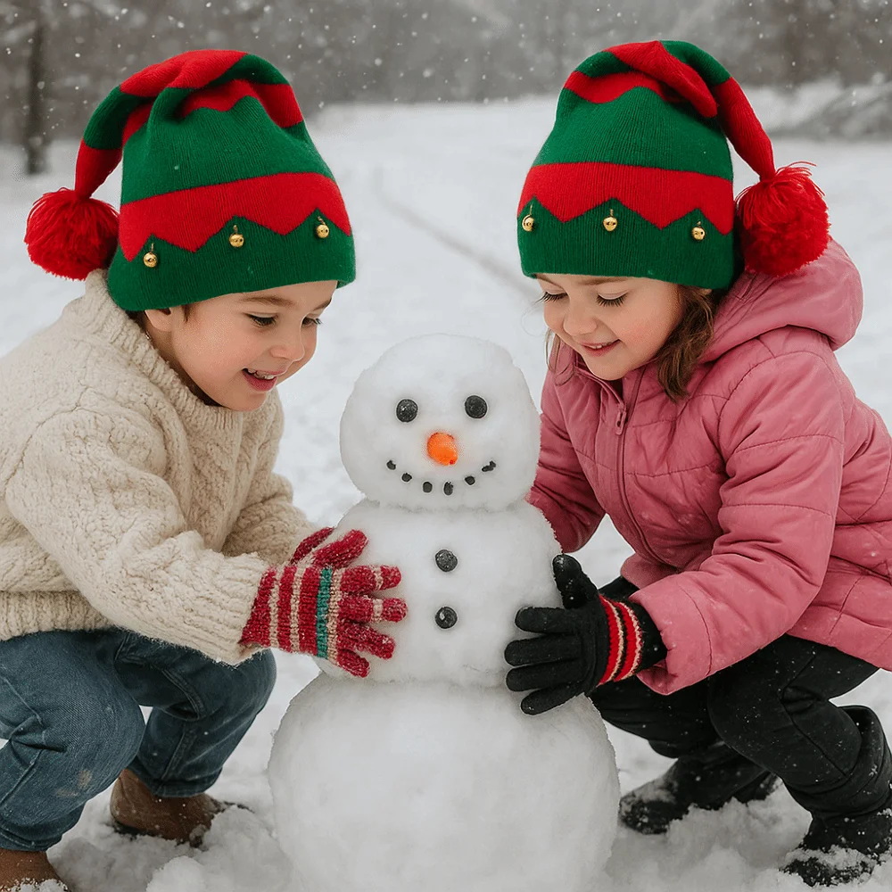 ポンポン付きクリスマスニットビーニー帽、暖かいニットの赤と緑のクリスマスストライプ帽子、ベル付きクロシェキャップ、冬シーズン向け