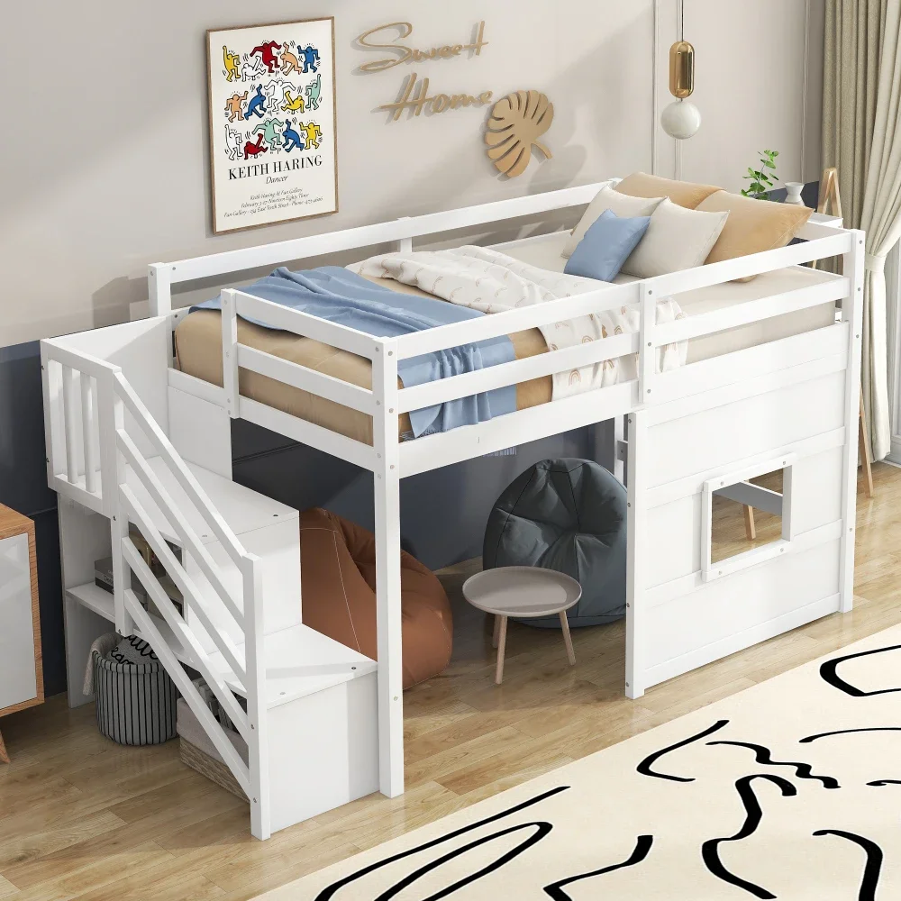 

Children Beds Twin Size Loft Bed with Storage Staircase and Window White Children Bed Wooden Bed Bunk Beds for Kids Furniture Us