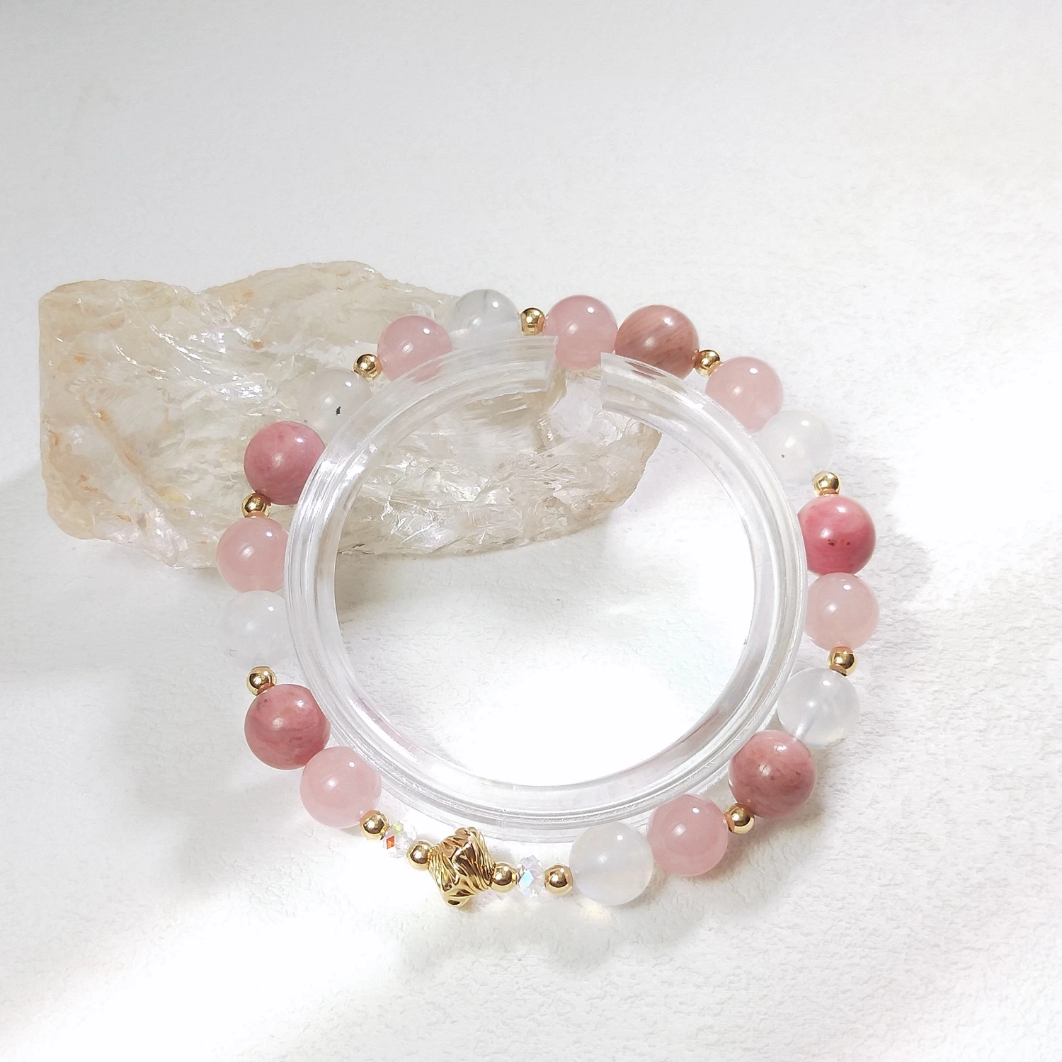 Lii Ji Natural Stone Moonstone Rhodonite Rose Quartz 6/8mm With Crystal American 14K Gold Filled Elastic Bracelet