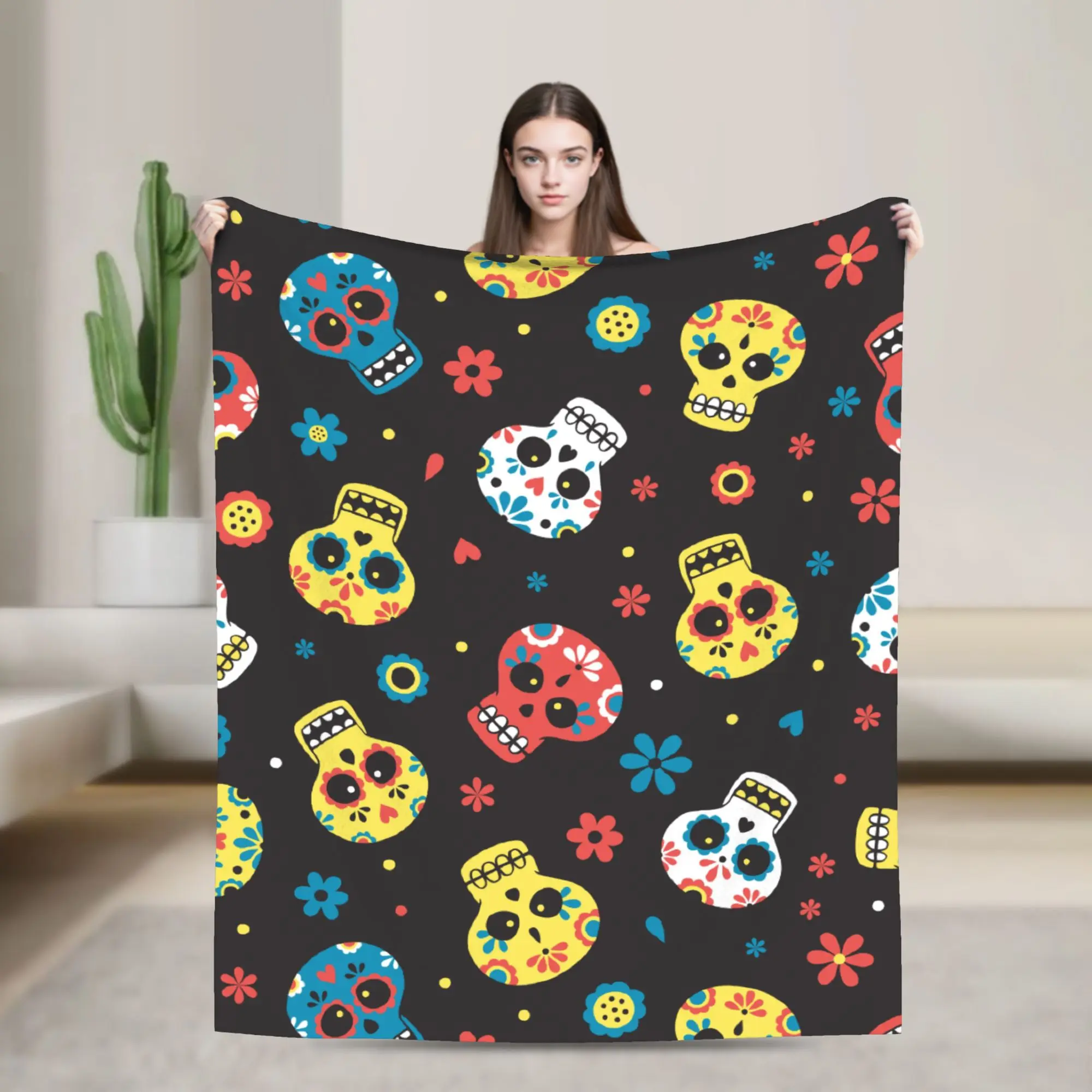 

Мексиканские фланелевые одеяла с сахарным черепом, День мертвых, ужасы, Хэллоуин, забавные пледы для дома, отеля, дивана, 125*100 см, одеяло