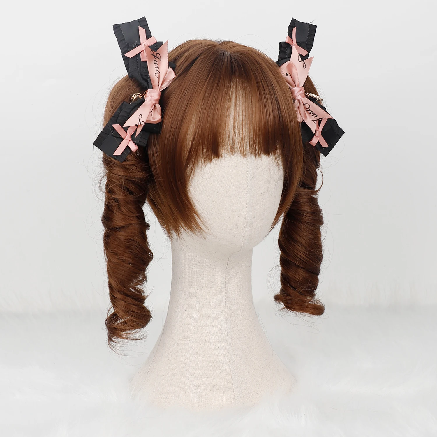 Lolita Wig With Detachable Claw Clip Curly Pigtails Synthetic Anime Cosplay Wig Rose Lace Breathable Cap For Girls Daily Party