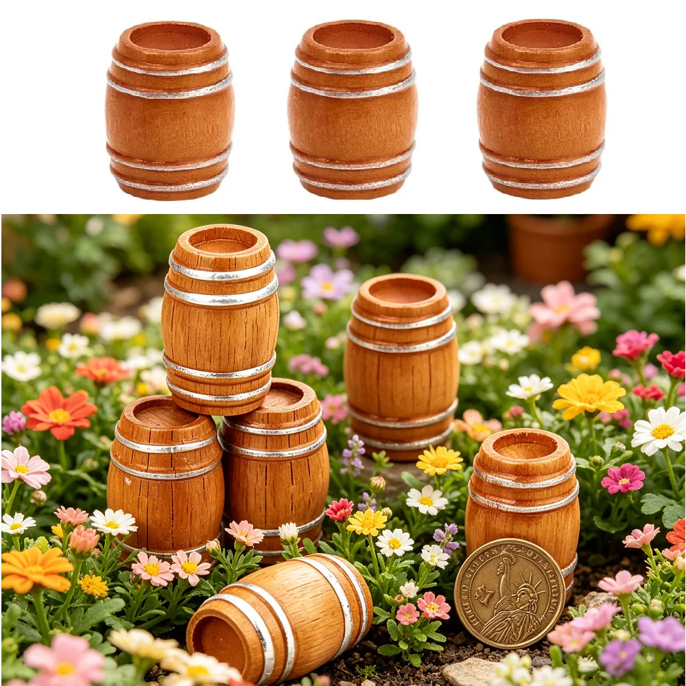 3pcs Miniature Wooden Barrel, Mini House Drink Accessories Figurine Model for Fairy Garden Bar Micro Landscape Decoration