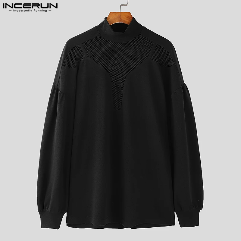 Casual Stylish Style Tops INCERUN Men\'s Sexy See-through Grid Hoodies Male Streetwear Solid Long Sleeved Hoodie Sweatshirts 2024