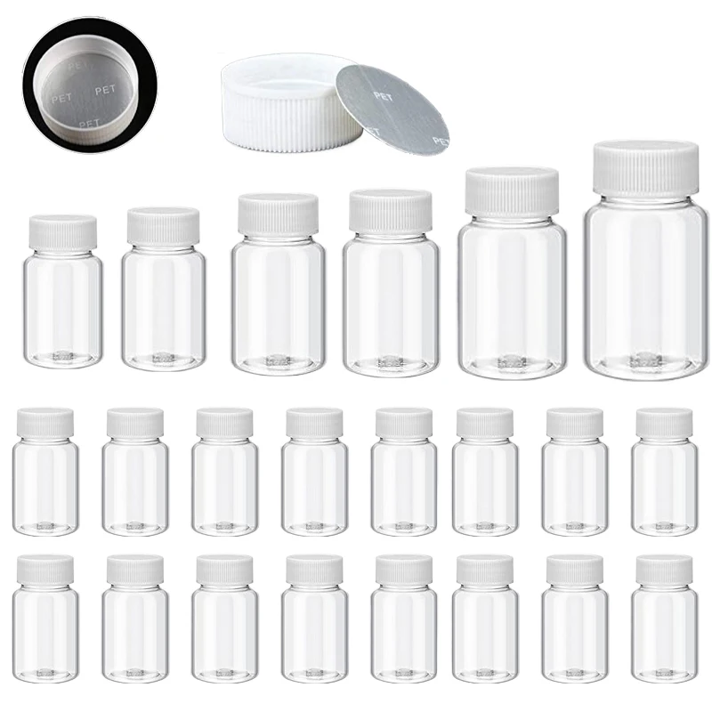 30pcs 15/20/30/50/60/80/100ml Refillable Plastic Pill Bottles with Seal Lids Mini Storage Containers for Liquid Beads Capsules