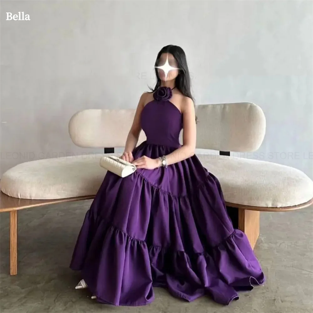 Bella Purple Satin A-line Evening Dresses Halter Neck Floor-length Party Dress Elegant Sleeveless Pleats Vestidos De Fiesta 2024