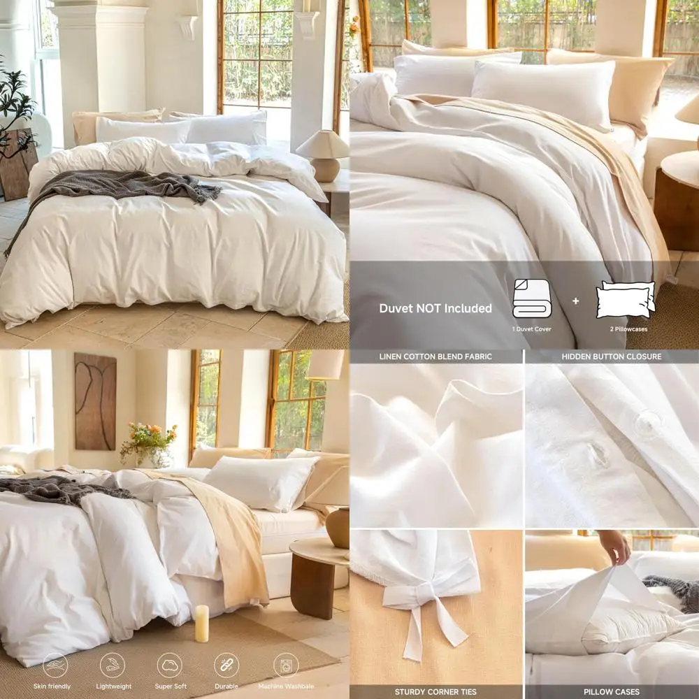 

Full Size Linen Cotton Blend Duvet Cover Set, 3-Piece Cooling Breathable Bedding with 1 Duvet Cover and 2 Pillowcases