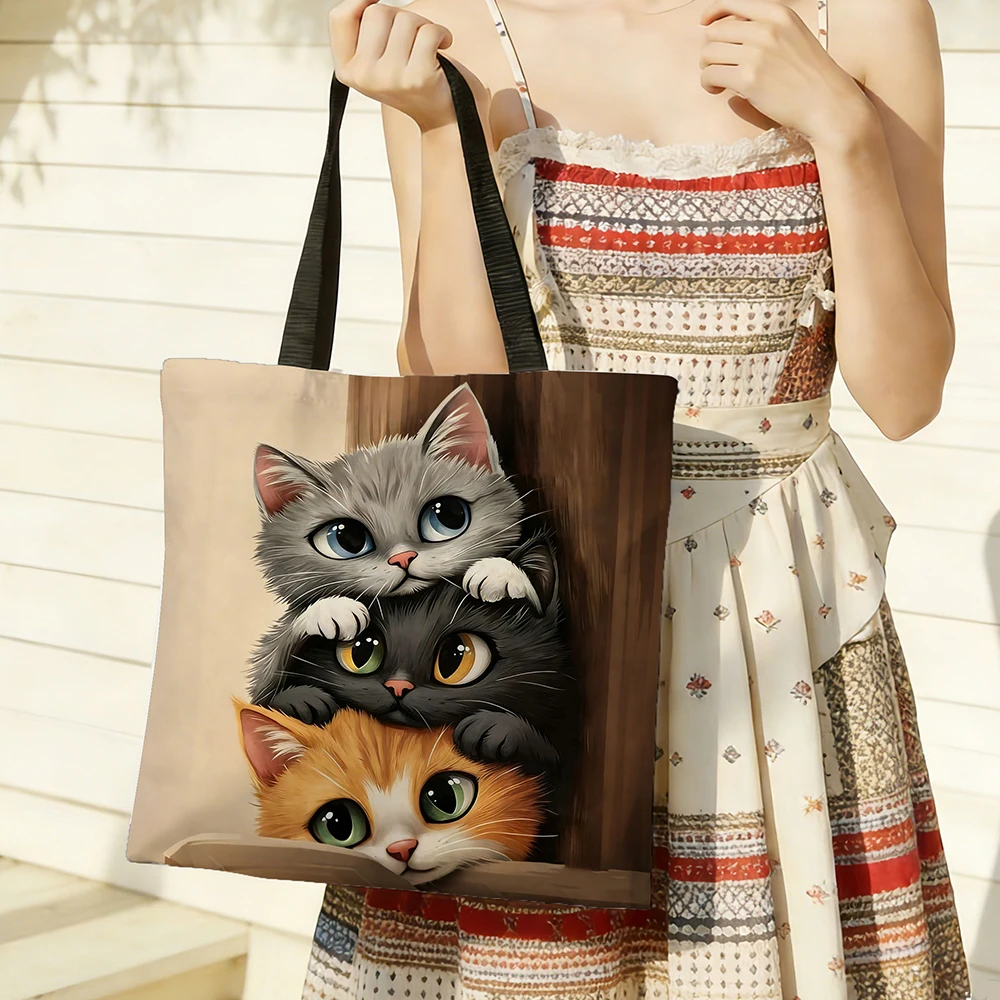 1pc Stacked Cute Kittens Canvas Tote Bag Adorable Realistic Cat Family Peeking Print Eco Friendly Pet Lover Shoulder Bag