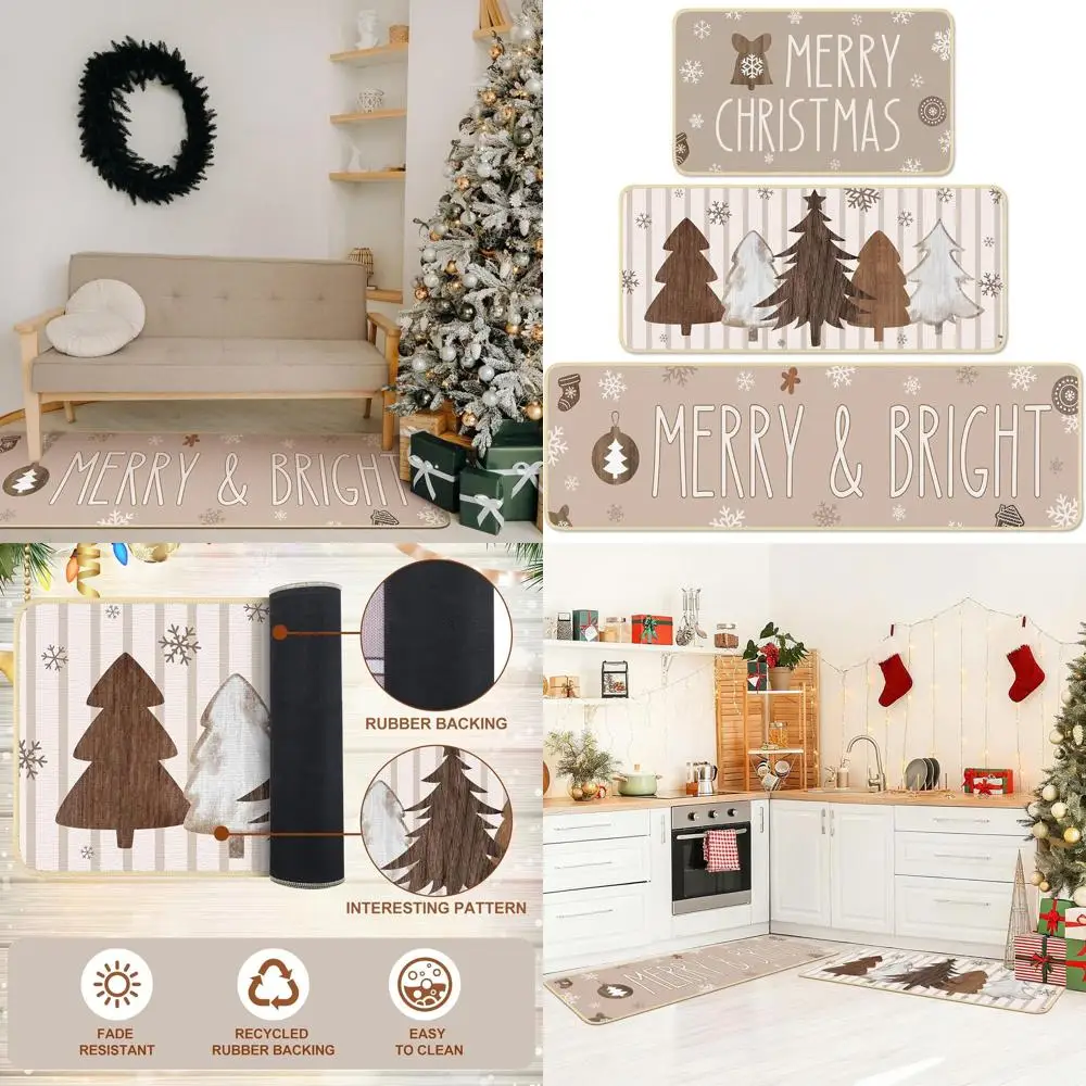 

Set of 3 Brown Merry Christmas Rugs with Wooden Tree and Snowflakes - Vintage Holiday Decor for Indoor Floors