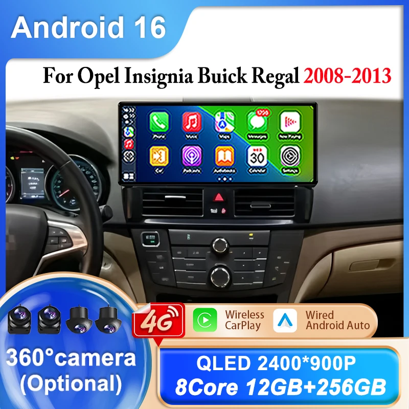 12.3 Inch Carplay Android 16 Car For Opel Insignia Buick Regal 2008-2013 Auto Multimedia Center 4G Wifi Bluetooth Display