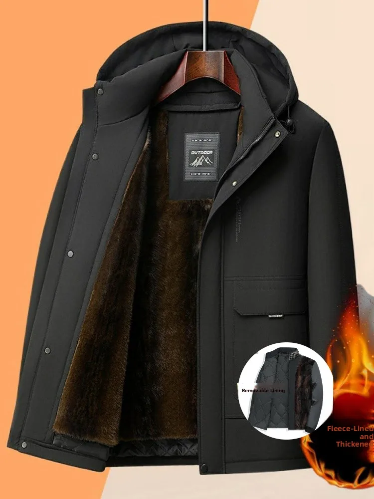 

Утепленная зимняя куртка с флисовой подкладкой и съемным внутренним хлопковым слоем для мужчин среднего возраста, длинный рукав, приталенный крой, модная.