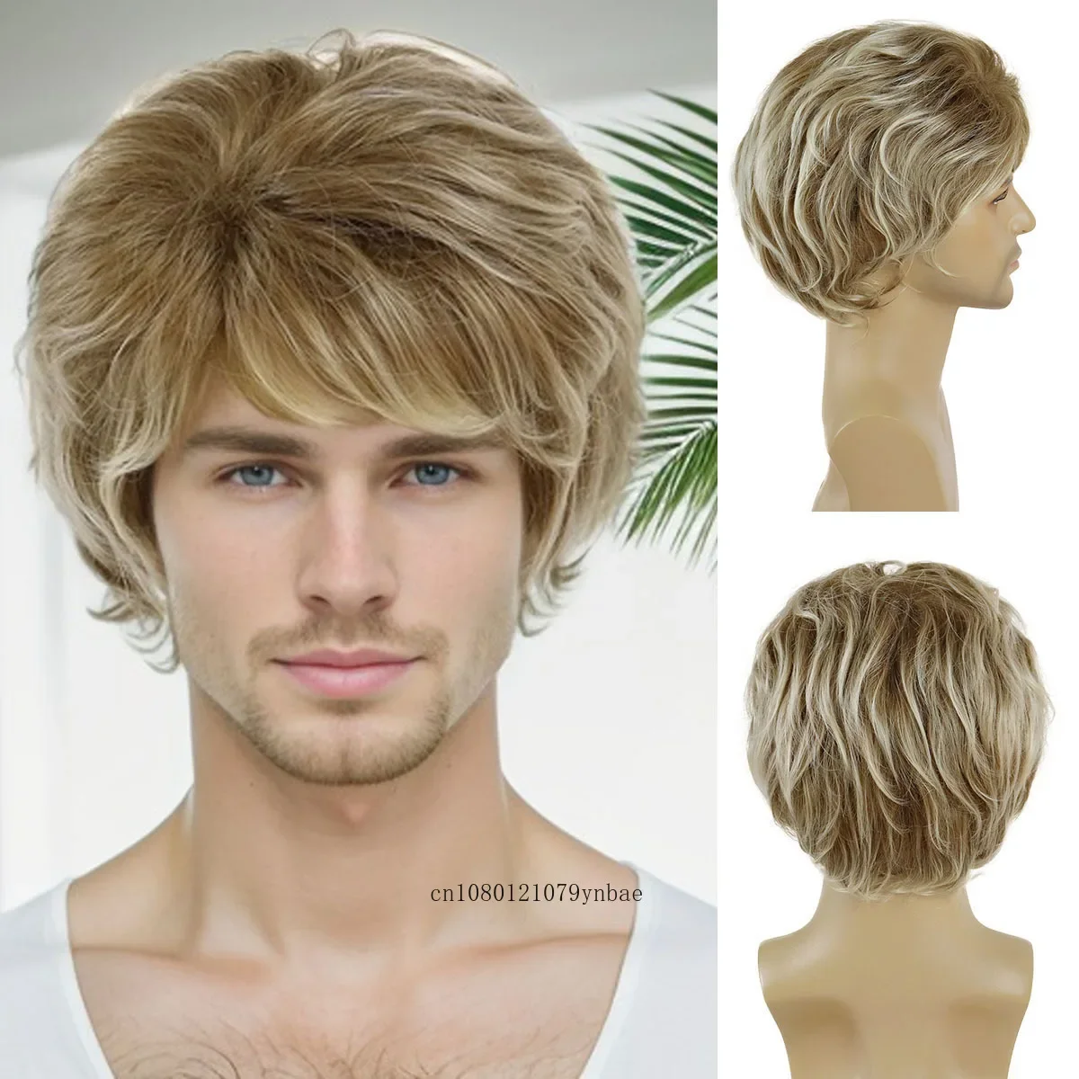 

Mix Blonde Wigs Synthetic Hair Handsome Layered Highlight Wig with Bangs for Men Male Father Heat Resistant Daily Party Costume