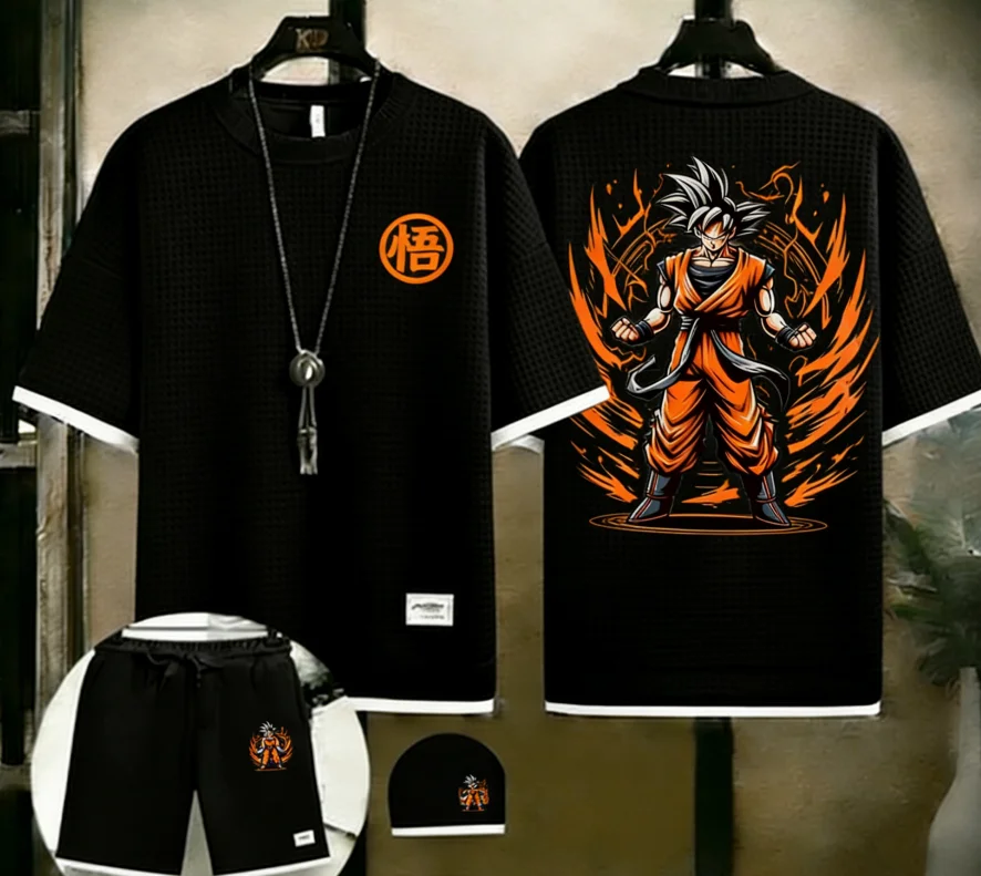 

Летний мужской комплект с принтом Dragon Ball Z Majin Buu, 2 предмета: футболка из вафельного трикотажа + шорты, спортивный костюм в стиле аниме, белый