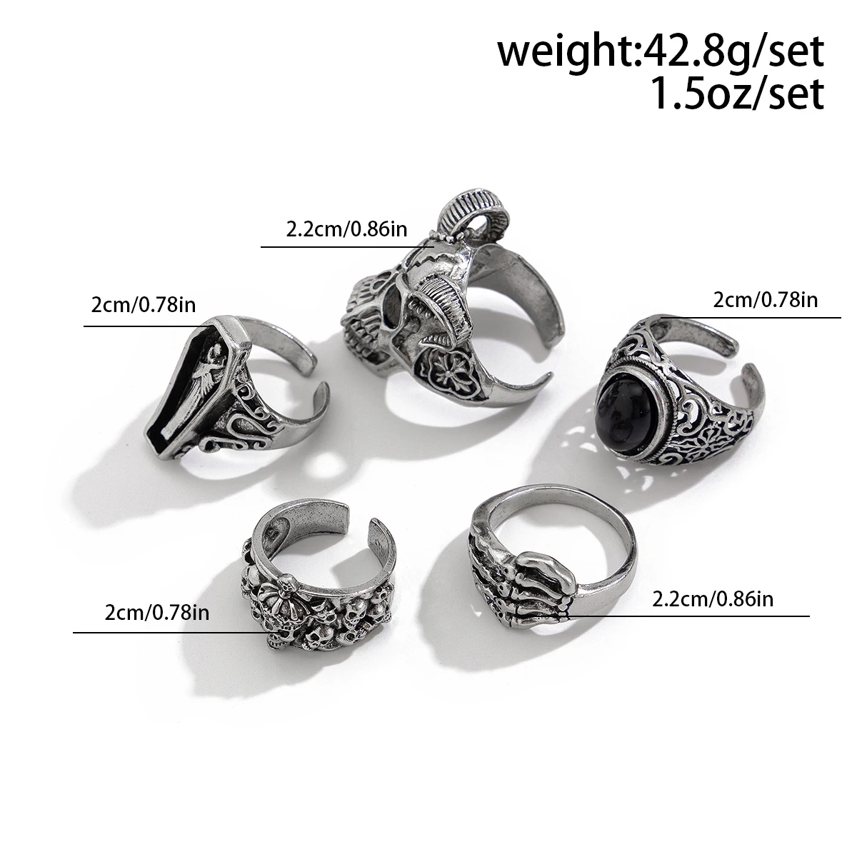 KunJoe Gothic Skull Claw Cross Ring Set for Men Vintage Silver Color Adjustable Open Rings Male Punk Jewelry Finger Accessories