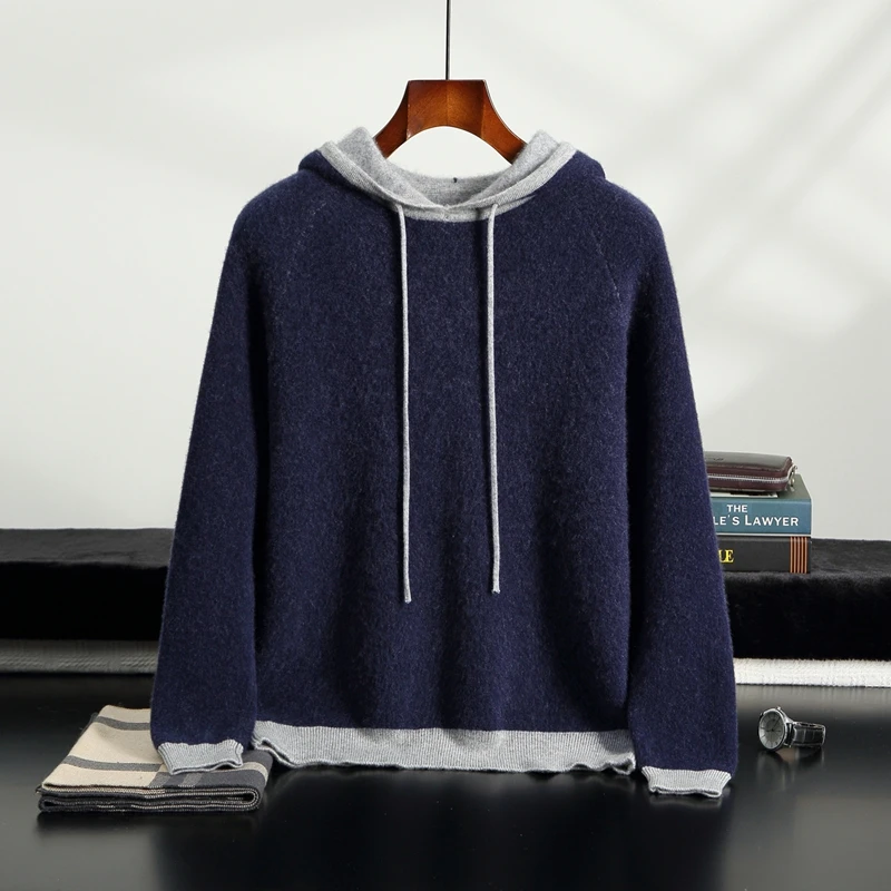 

Luxury Men Cashmere Hooded Pullover Thick Warm Sweater Autumn Winter Color Block 100% Cashmere Knit Hoodie Quality Jumpers Tops